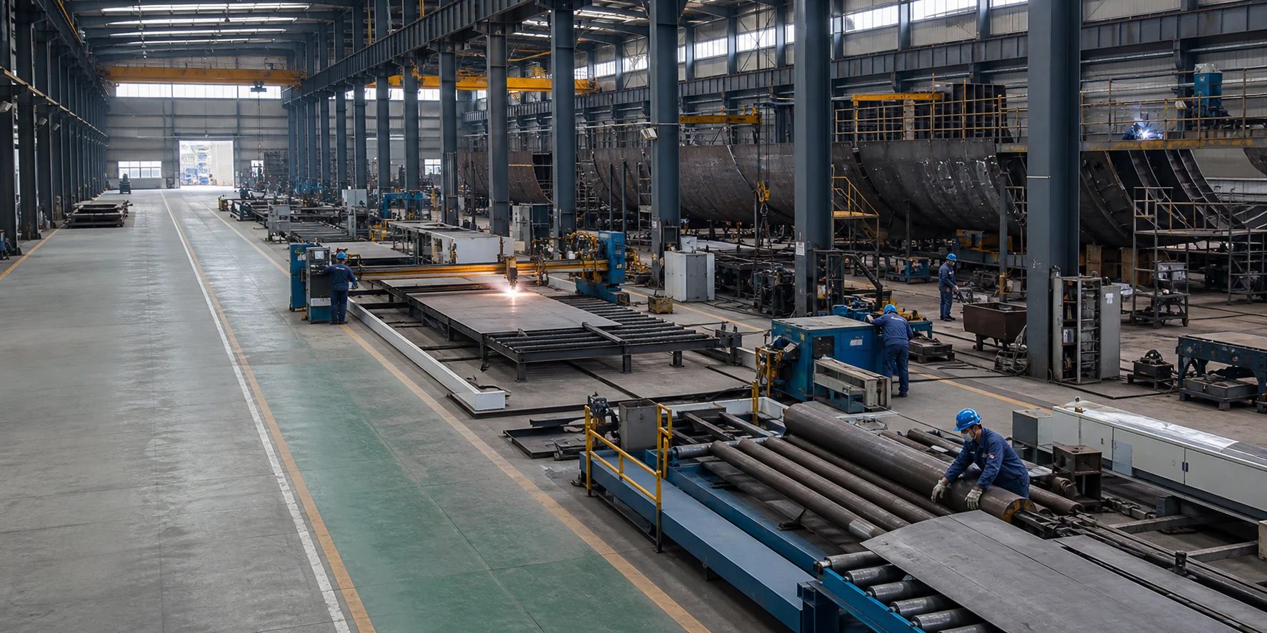 Illustrative vessel production equipment and hull construction work area