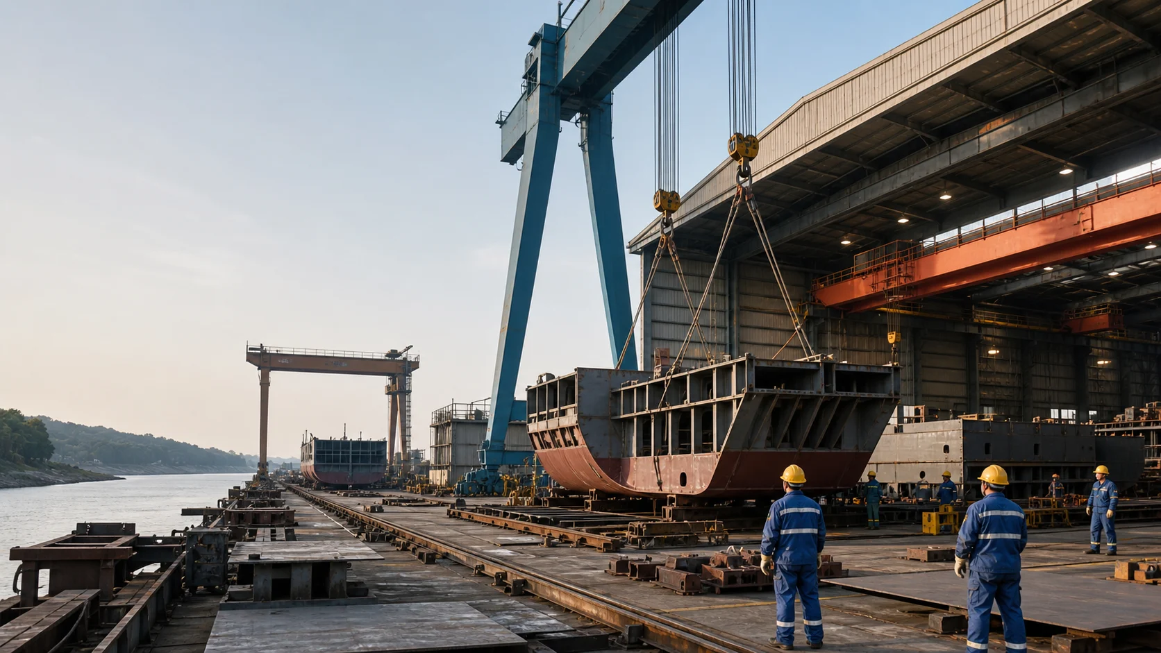 Illustrative shipyard scene showing shipways, section fabrication and lifting facilities