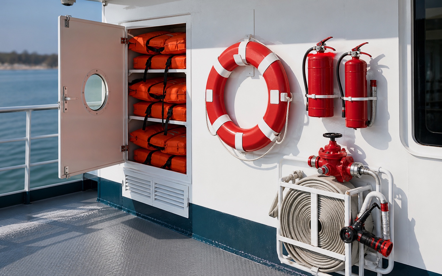 Lifesaving and firefighting equipment aboard the 24 m 100-passenger tour boat