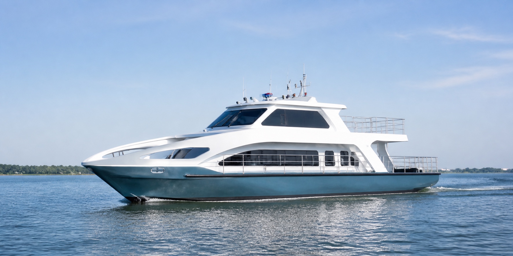 Starboard profile of a 24 m 100-passenger tour boat with white superstructure, deep-teal hull and open observation decks